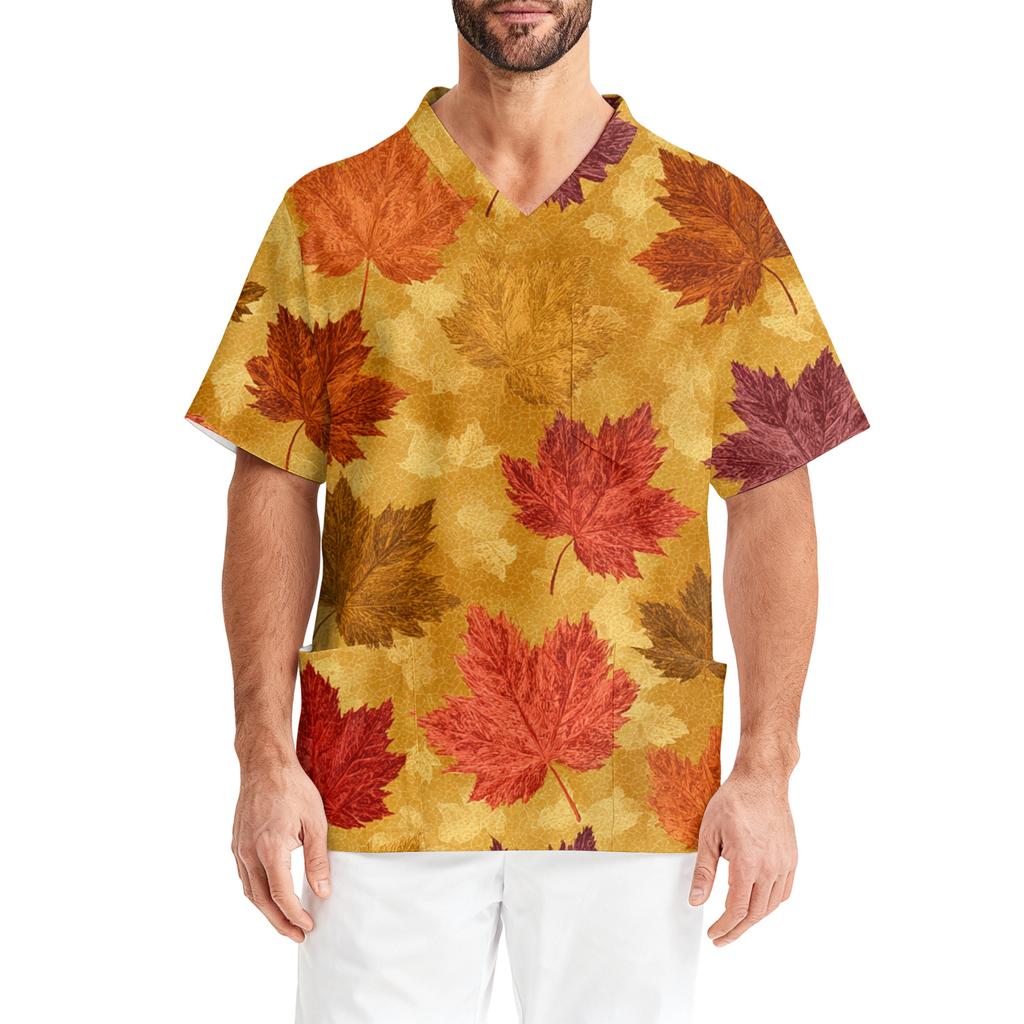 Men's Printing Short Sleeve V,neck Working Blouse Chest Pocket Carer Top