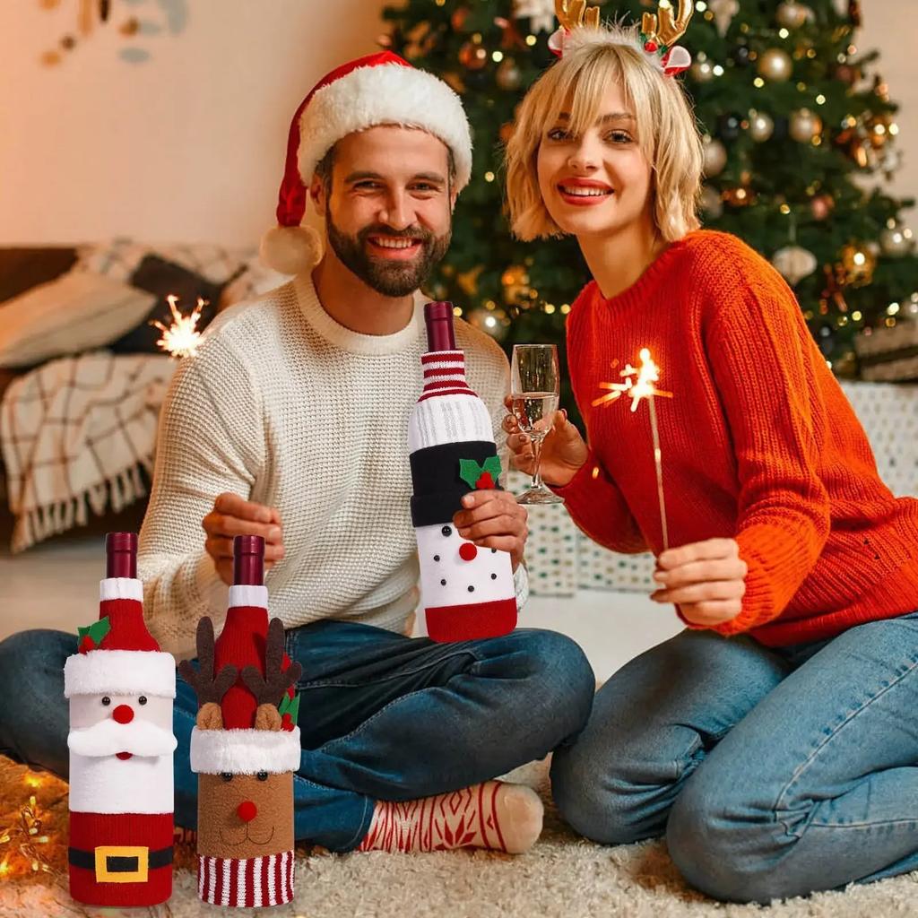 Christmas Decoration Santa Snowman Wine Bottle Cover Knitted Champagne Bottle Cozy For Restaurant Decor Festive Table Setting