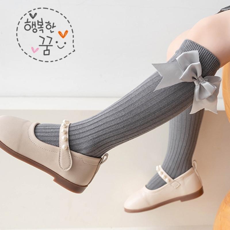 Girls Knee High Cotton Socks Big Ribbons Bow Back To School Socks, Ribbons Bows Long Socks Uniform Party Wear Stockings