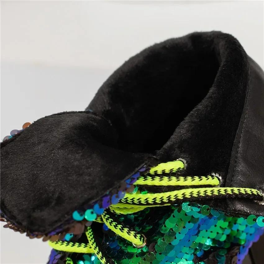 Gold Glittering Sequined Cloth Platform Ankle Boots Women High Heel Square Toe Winter Ladies Christmas Lace-up Green Short Boots