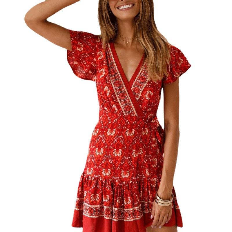 Summer V-neck Sexy Bohemian Print Dress Short Skirt Skirt Women Clothing