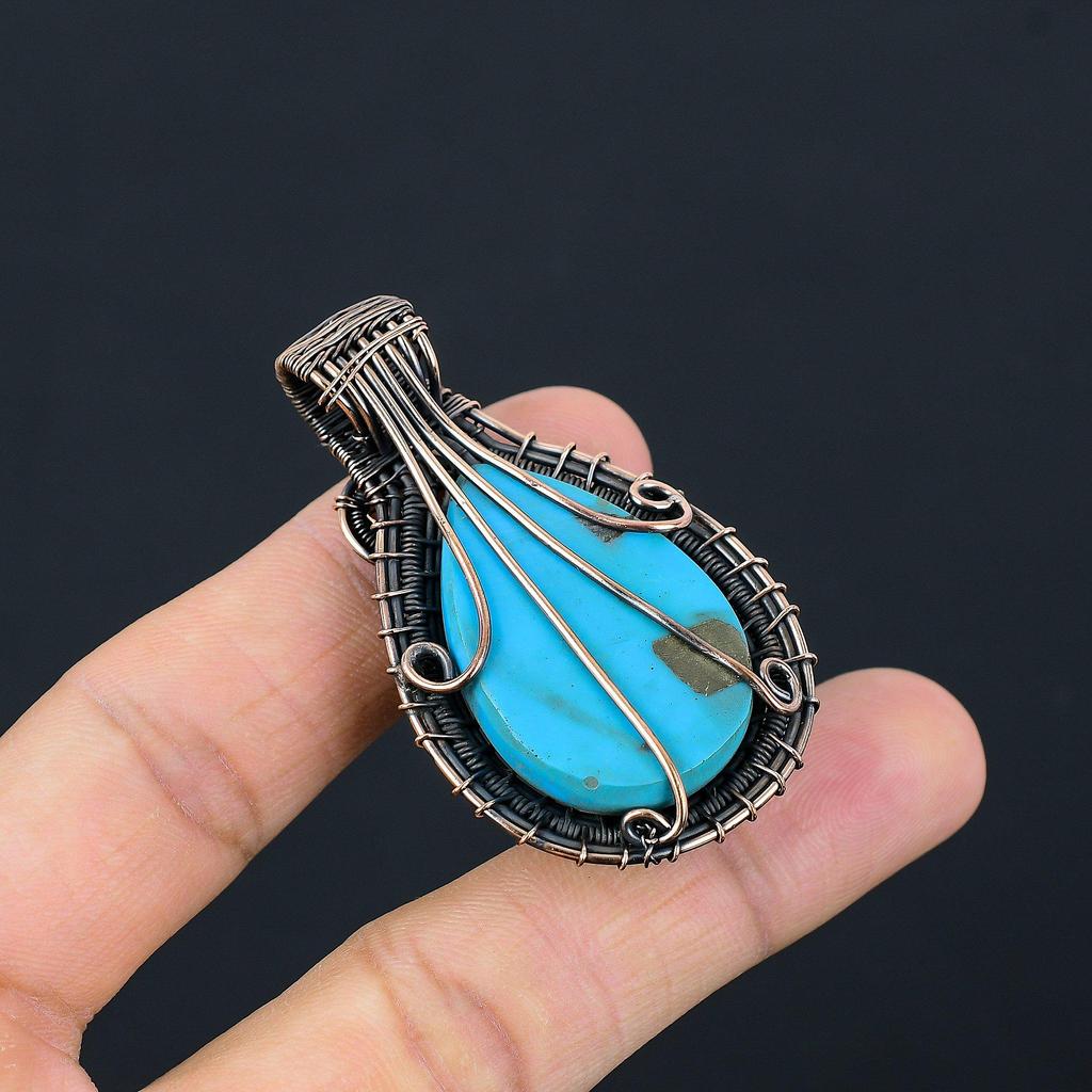 Irani Turquoise 999 Copper Wire Wrapped Pendant, Handmade Gemstone Pendant Jewelry, Gifts For Wife Brand New Pendant