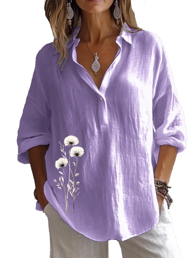

Plus Size Women Lapel Neck Cotton Linen 3/4 Sleeve Shirt Spring&Autumn Casual Floral Print Blouses 3XL