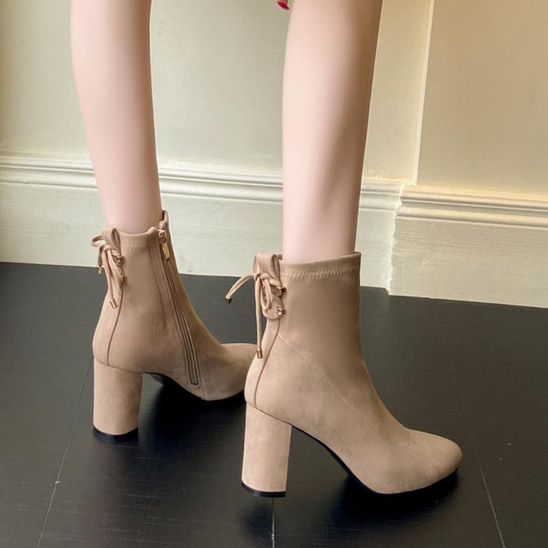 Block Heel Short Thigh Boots Women's Fall/Winter New Round Toe Suede Side Zipper Bow Non-Slip High Heel Single Shoes