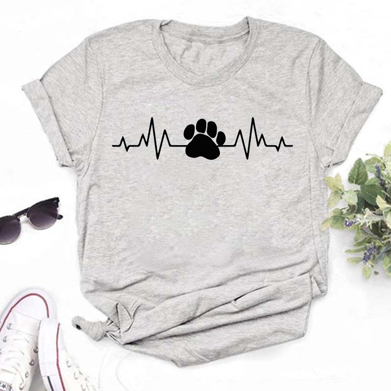 Women Dogs Paws Love Heart Printed T-shirts Fashion Summer Short Sleeve Lady Womens Clothes Tops T-Shirt Black Shirt Tees Female