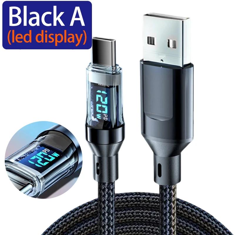 Cablu USB tip C de 120W cu afișaj LED Cabluri de încărcare super rapidă USB A/USB C la cablu de date tip C pentru iPhone Samsung Xiaomi