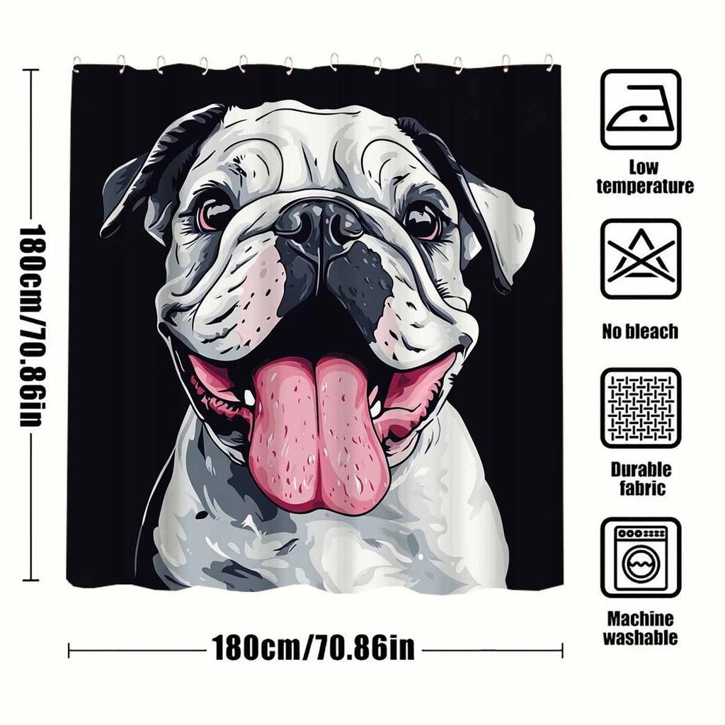 1Pc Happy Puppy Shower Curtain With 12 Plastic Hooks - Polyester Fabric, Machine Washable, Cute Dog Design For Bathroom Decor