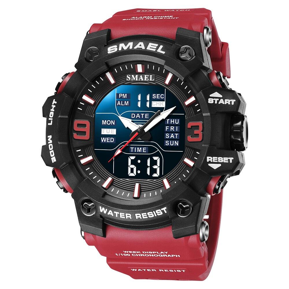SMAEL Heren Dubbele Display Horloges Sport Waterdicht LED Licht Wekker Dubbele Tijdweergave Week Automatische Datum Polshorloges 8049 Sport Polshorloge