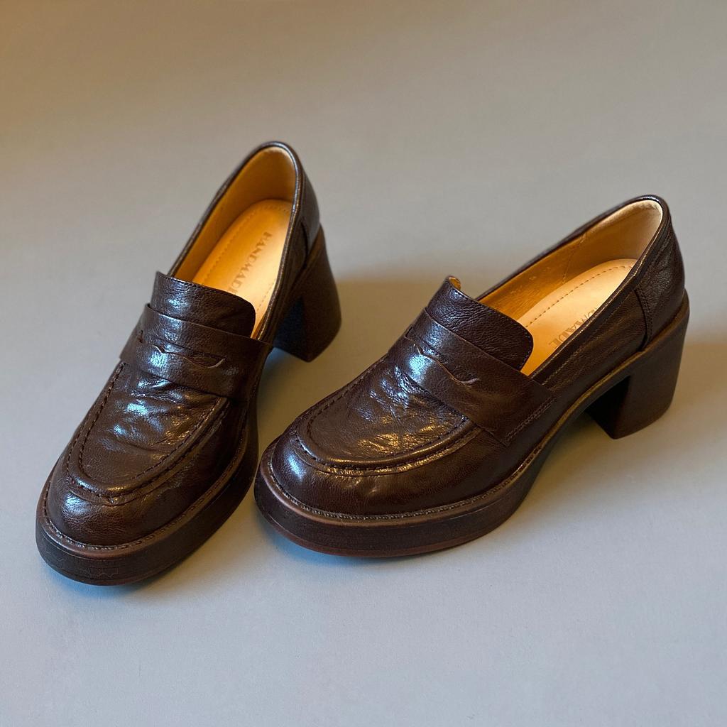 2026 Spring Retro Style High-heeled Loafers, Silent Soles, Genuine Leather Round Head Leather Shoes, Heightened and Durable Single Shoes