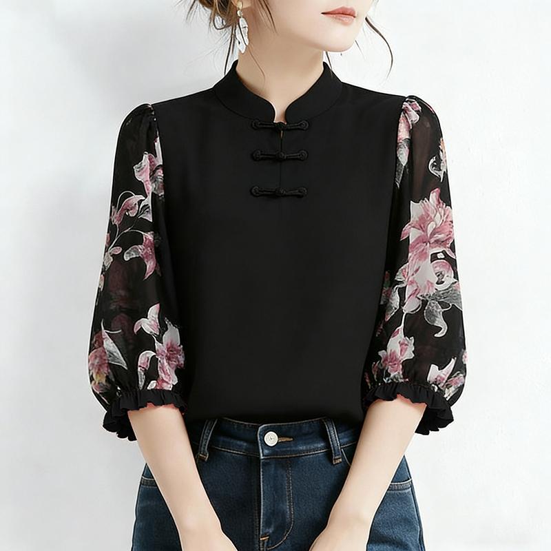 ZANZEA Damen Casual Stehkragen Print Patchwork 3/4 Ärmel Bluse