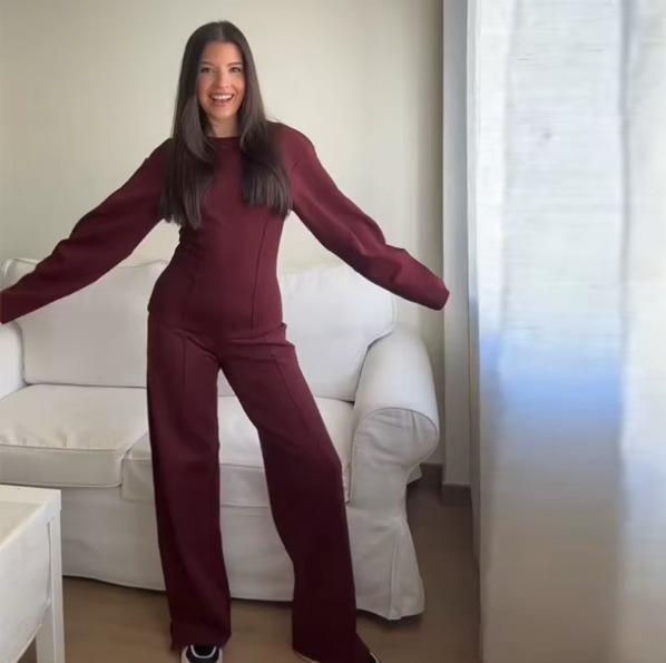 Autumn 2024 Women's Long Sleeve O-Neck Pleated Top & Wide Leg Pants Office Suit