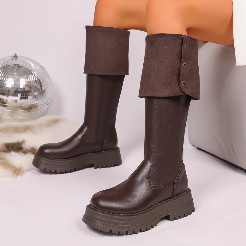 Temperament High Boots Autumn and Winter New Round Toe Sleeve Metal Buckle Studded Platform Block Heel Shoes