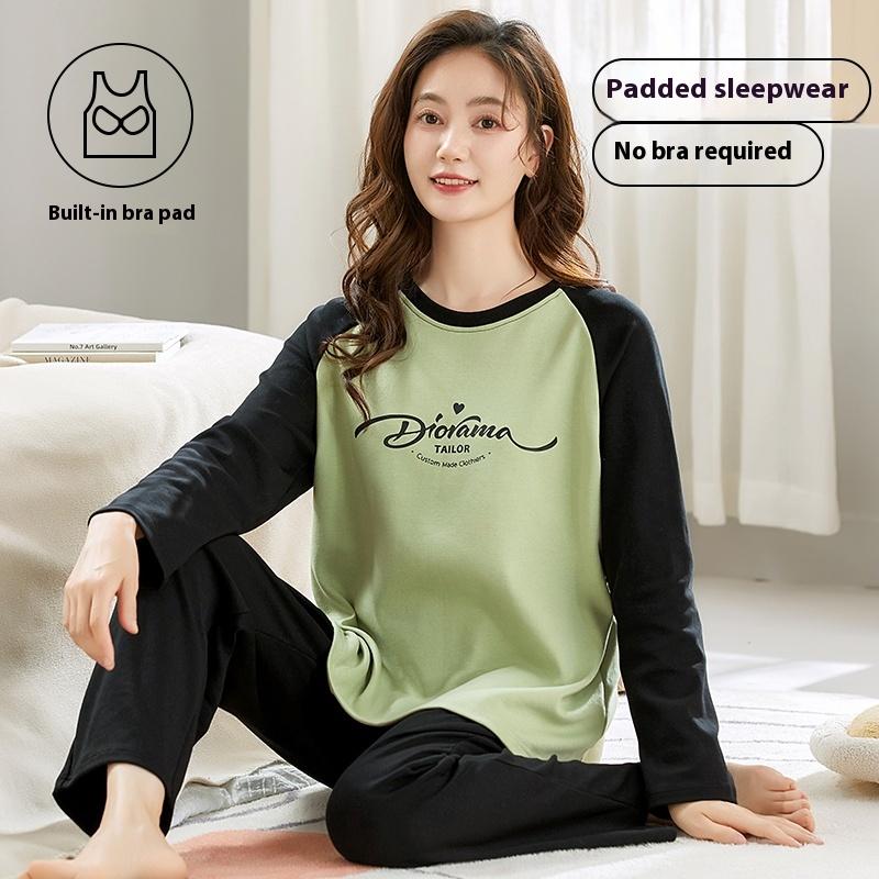 Spring autumn letter Print Pajamas Set with Chest Pad for Women thin cotton Long Sleeve Tops and Pants Sleepwear Female Homewear