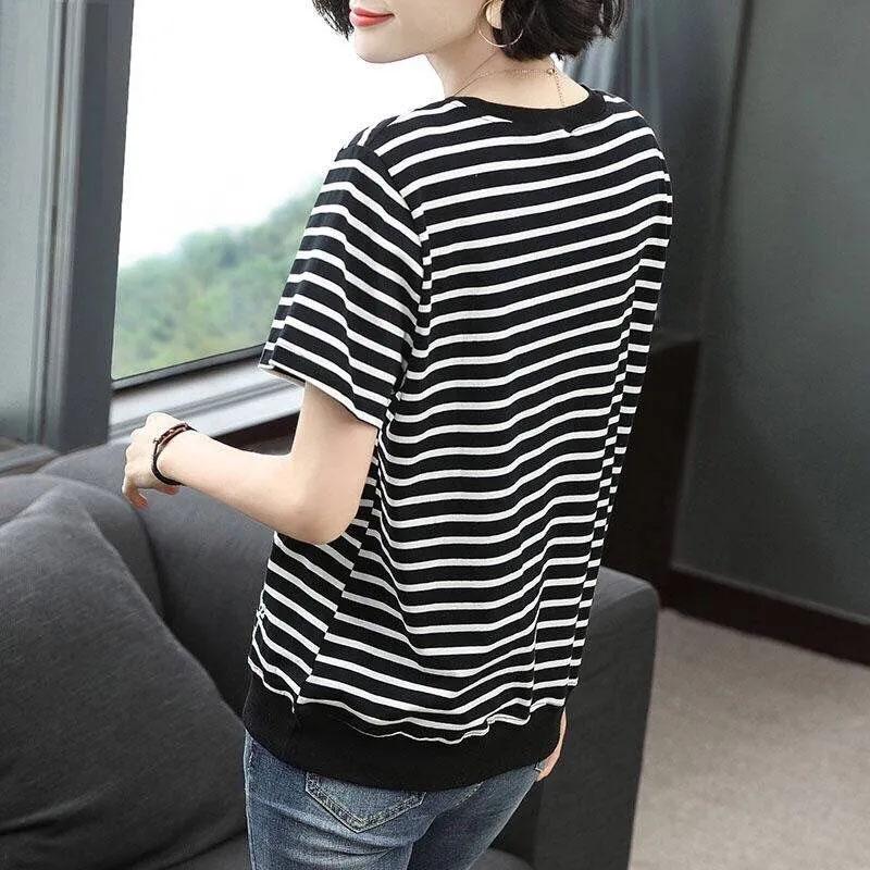T-shirt for Women Summer Large Size Cotton T-shirt Soft Loose Striped Casual Comfortable Pullover T-shirt Top