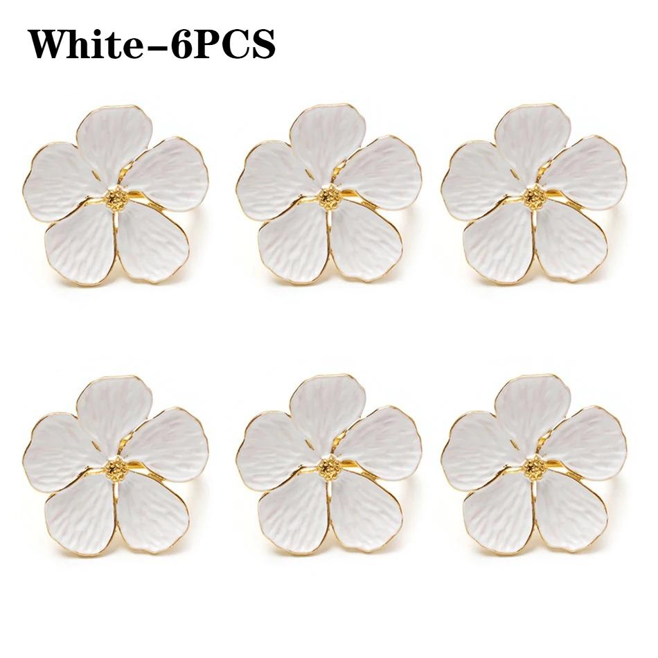 Round Painted White Flower Napkin Ring Five-Petal Floral Plumeria Plant Decorative Napkin Holder for Table Setting Dining Decor