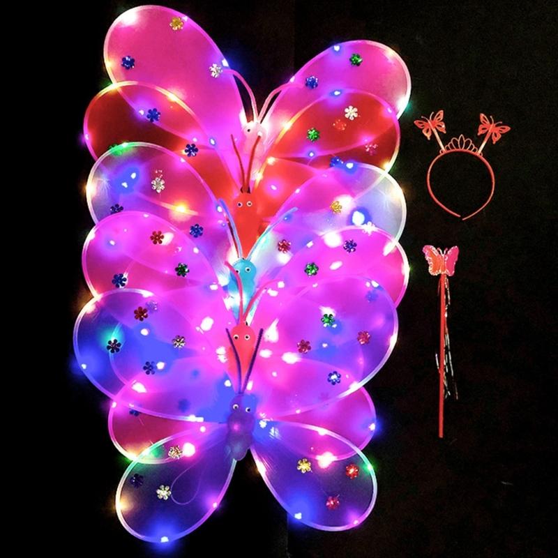 Three Piece Set LED Performance Costume Light Up Wing Sparkles Butterfly Fairy Angel Wing Girls Party Dress Up Cosplays