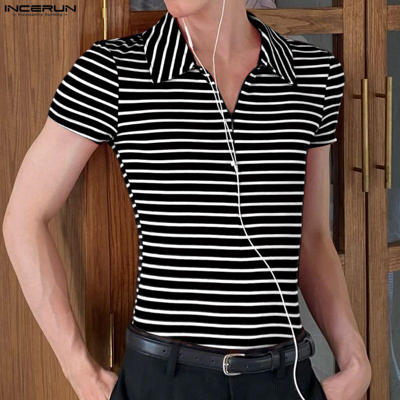 INCERUN Sommer Herren Reverskragen Kurzarm Gestreift Reißverschluss Freizeit T-Shirts Oberteile