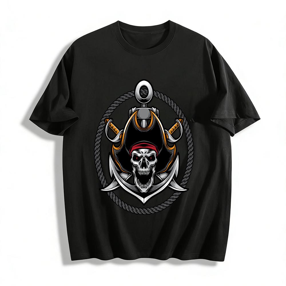 Vintage Pirate Skull Anchor Rope Print Trendy Loose Casual T-Shirt Pure cotton T-shirt XXS
