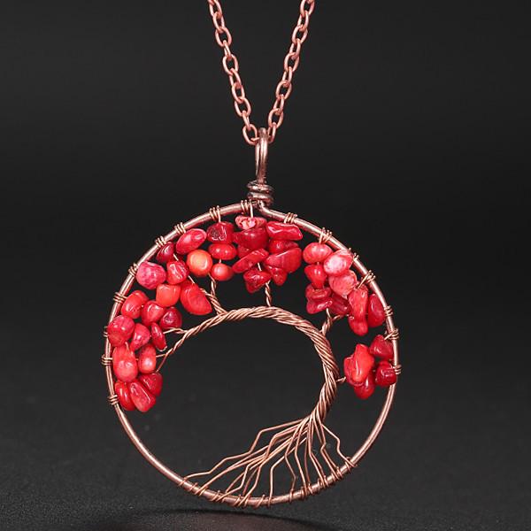 Hand-Wound Natural Stone Crystal Ancient Red Copper Curved Tree Of Life Curved Tree Necklace N01