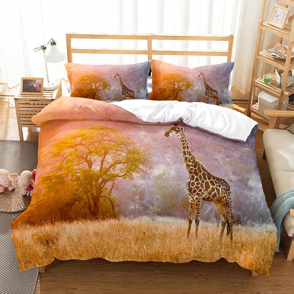 Farbenfrohe Giraffe Bettbezug-Set Niedliches Wildtiermuster Polyester Bettdeckenbezug Einzel-Doppelgröße für Kinder Bettwäsche-Set