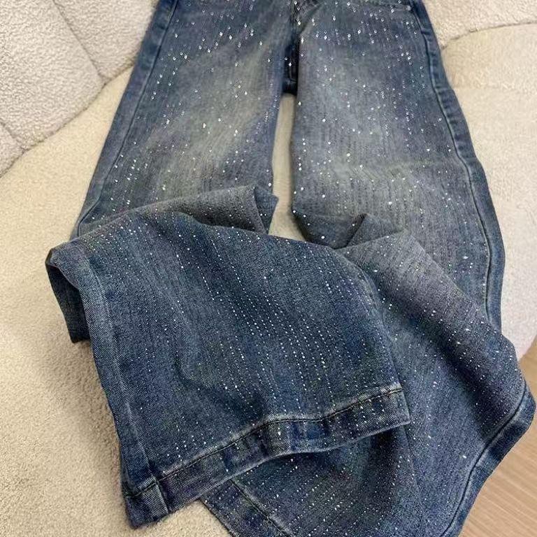 Women's High Waist Velvet Denim Pants with Starburst Drill Design - Loose, Wide-Leg, Floor-Length