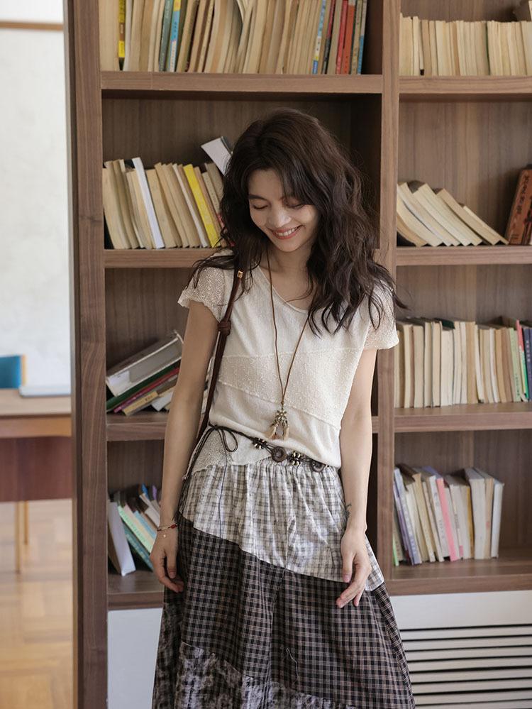 

Summer Literature and Art Xiaoqing Loose Casual Crew Neck Splicing Design Sense Short Sleeve T-Shirt Top Women L