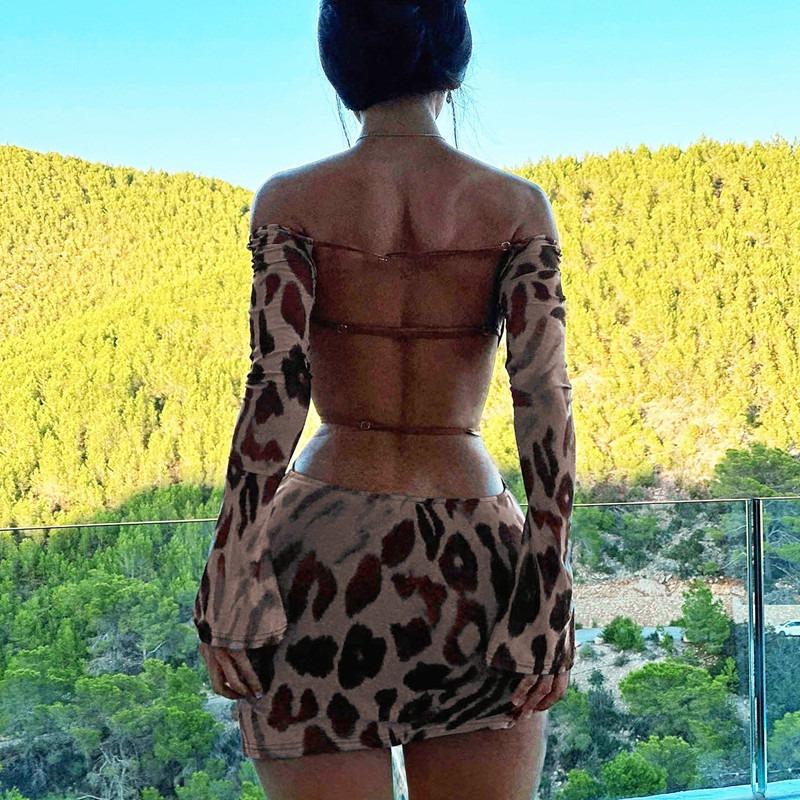 Leopard Print Halter Long Sleeve Dress Spring Women's Sexy Spice Short Dress