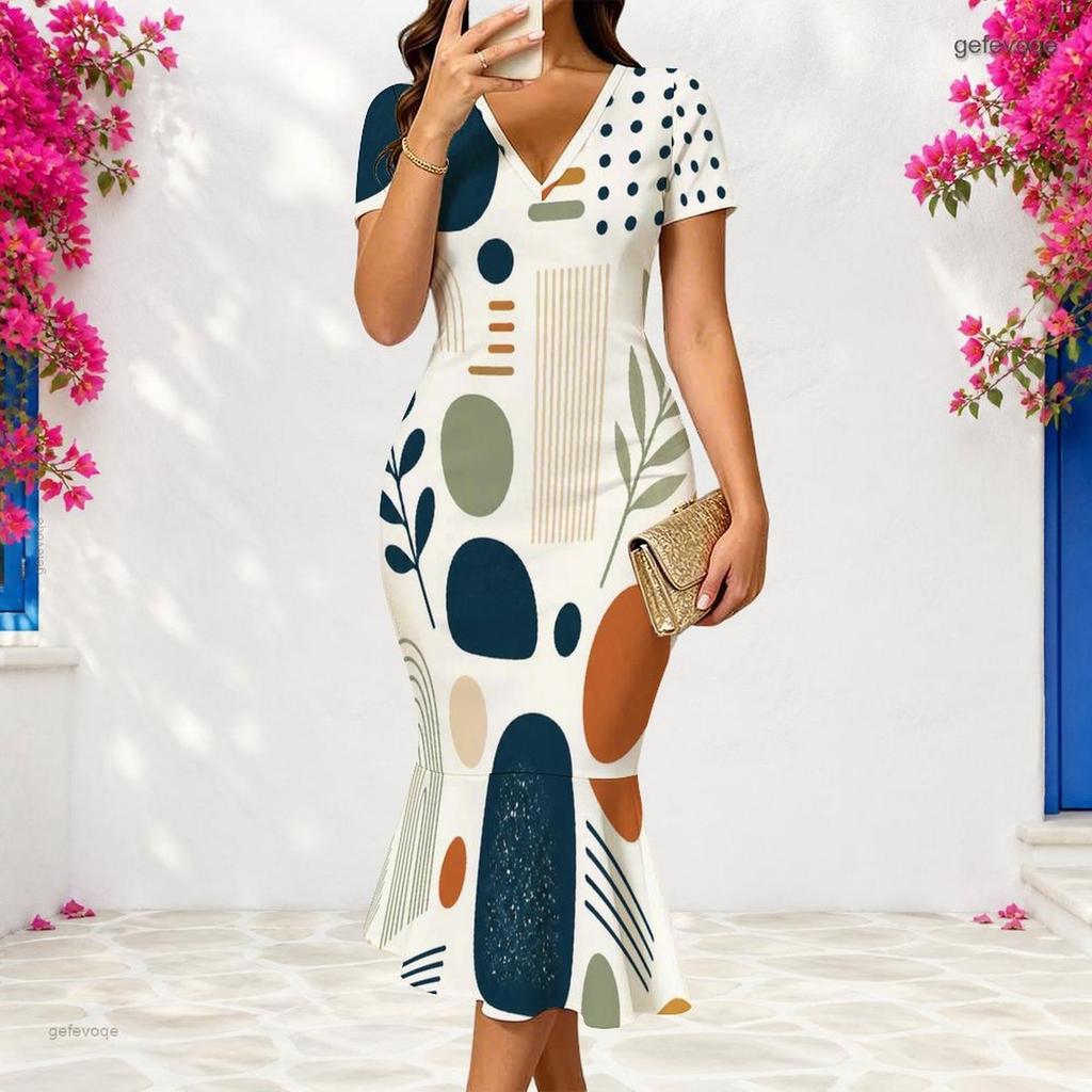 Women Plus Size V Neck Short Sleeve Fitted Abstract Printed Fishtail Dress