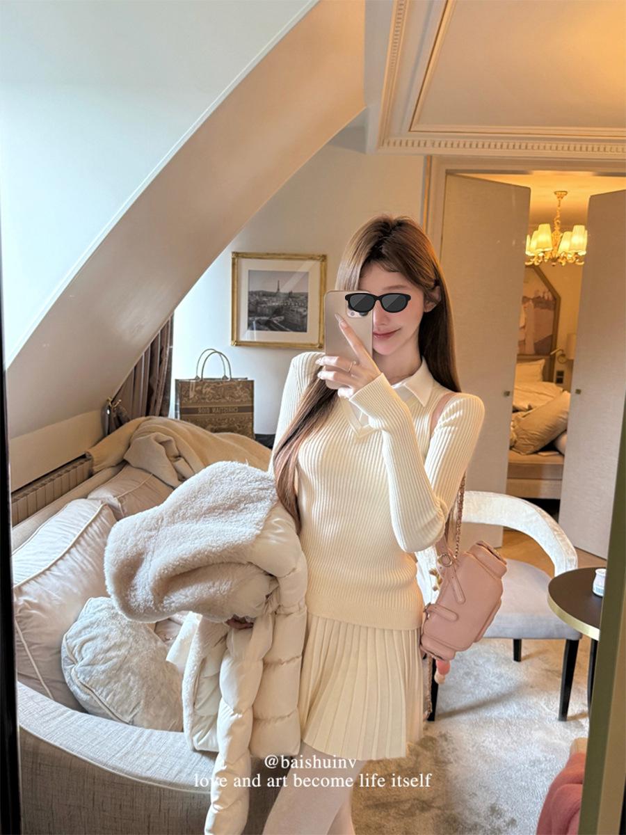 

Комплект из двух частей женского свитера и юбки А-силуэта в студенческом стиле от Baishui Qianjin One Size