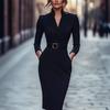 Elegant Långärmad Fickklänning med Bälte för Kvinnor, Lämplig för Vår och Höst
