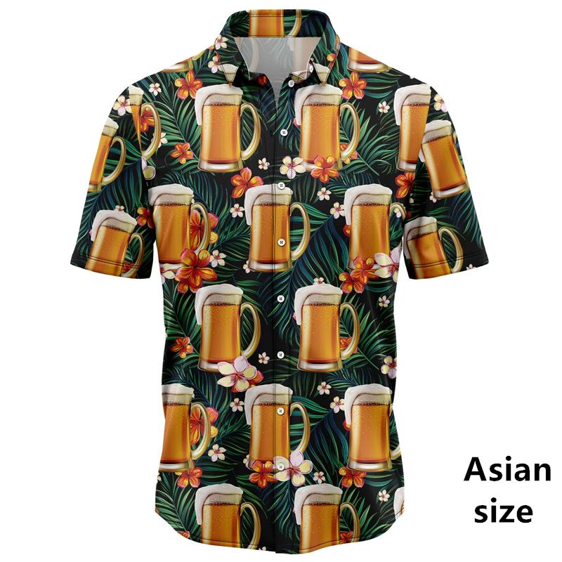 Beer Graphic Harajuku Shirts For Men 3D Print Short Sleeve Tees Summer Hawaiian Holiday Style Button Up Tops Woemn Lapel Shirts
