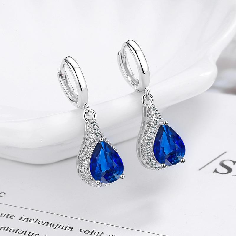 Trendy Women  Silver Needle Earrings Blue Zircon Delicate Inlay Natural Stone Hook Dangle Earrings for Women Wedding