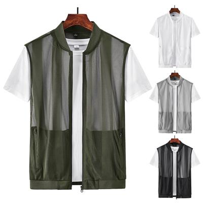 Baseball Collar Sleeveless Pockets Zipper Placket Fishing Vest Summer Men Mesh Hollow Waistcoat