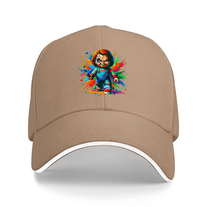 Chucky Horror Movie Character Baseball Cap Black Adjustable Hat with Colorful Splash Design for Fans of Classic Horror Films