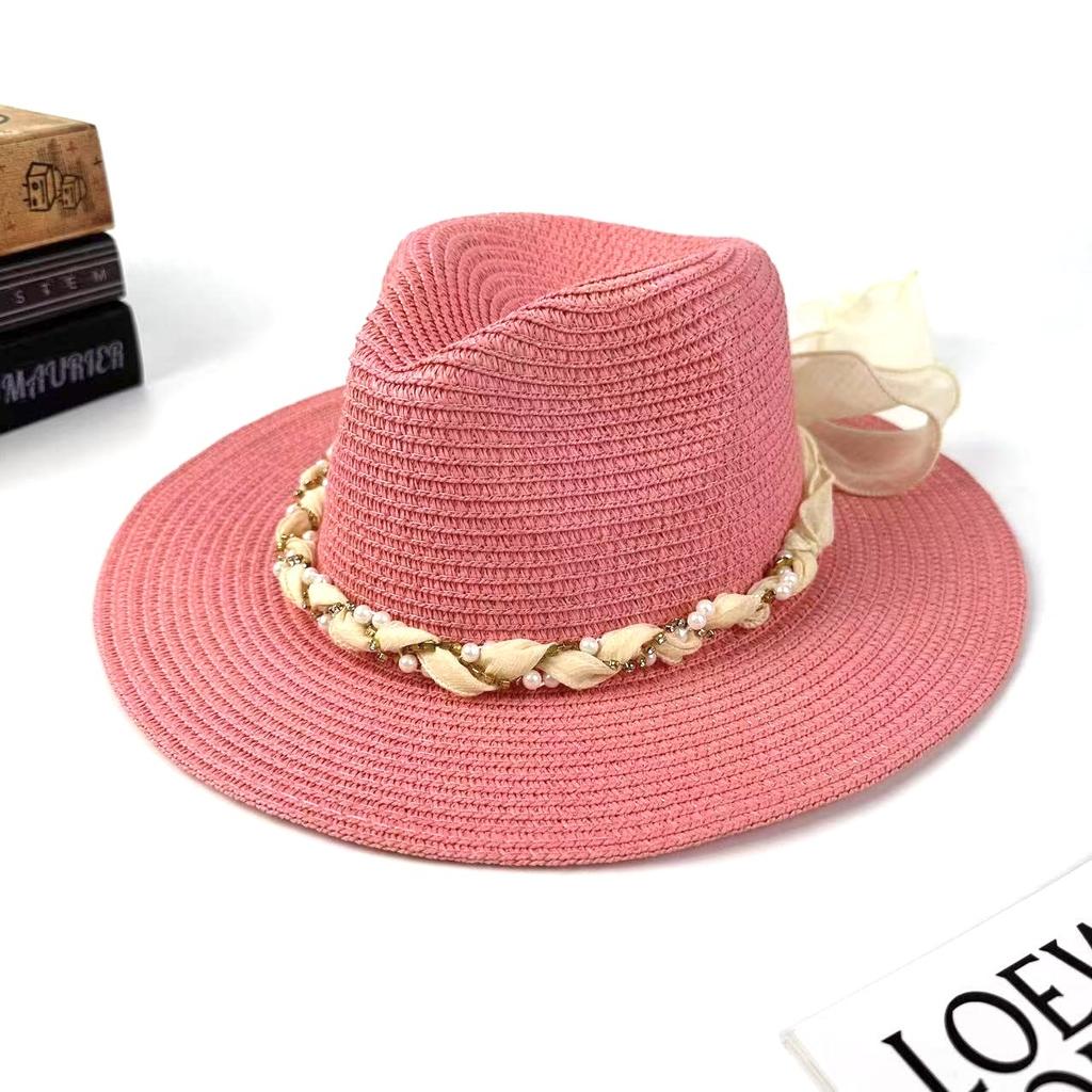 Spring And Summer New Sunshade Straw Hat Women'S European And American Style Fashion Streamer Top Hat Outdoor Sunscreen Versatile Hat
