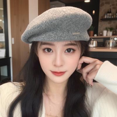 Beret Women's Winter Warm Thickened Wool Painter's Hat Face Revealing Small Octagonal Hat