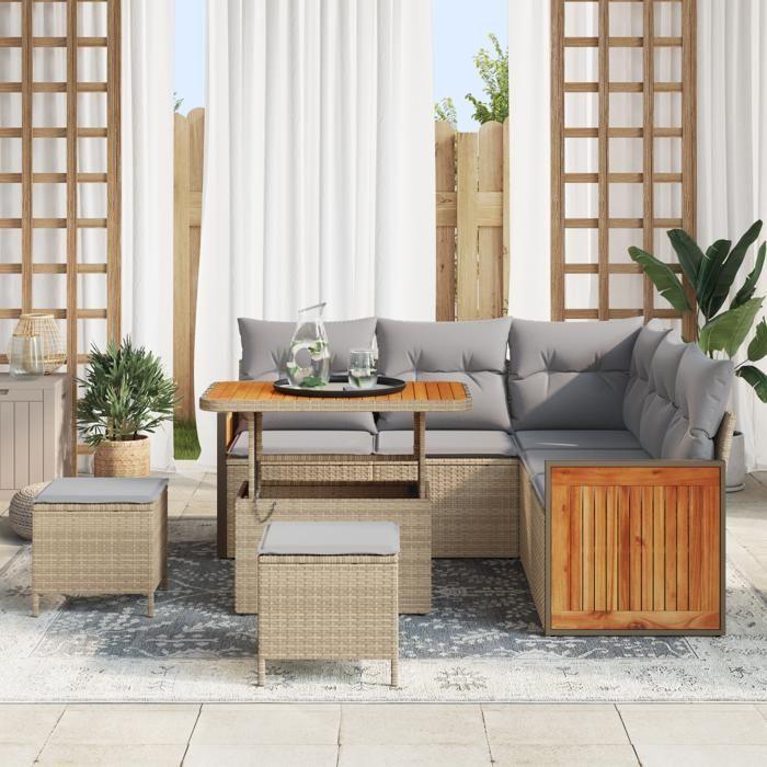 Ensemble de canapé de jardin 8 pièces avec coussins Beige Rattan synthétique Acacia, Canapé de jardin 2 places avec coussins 3363307