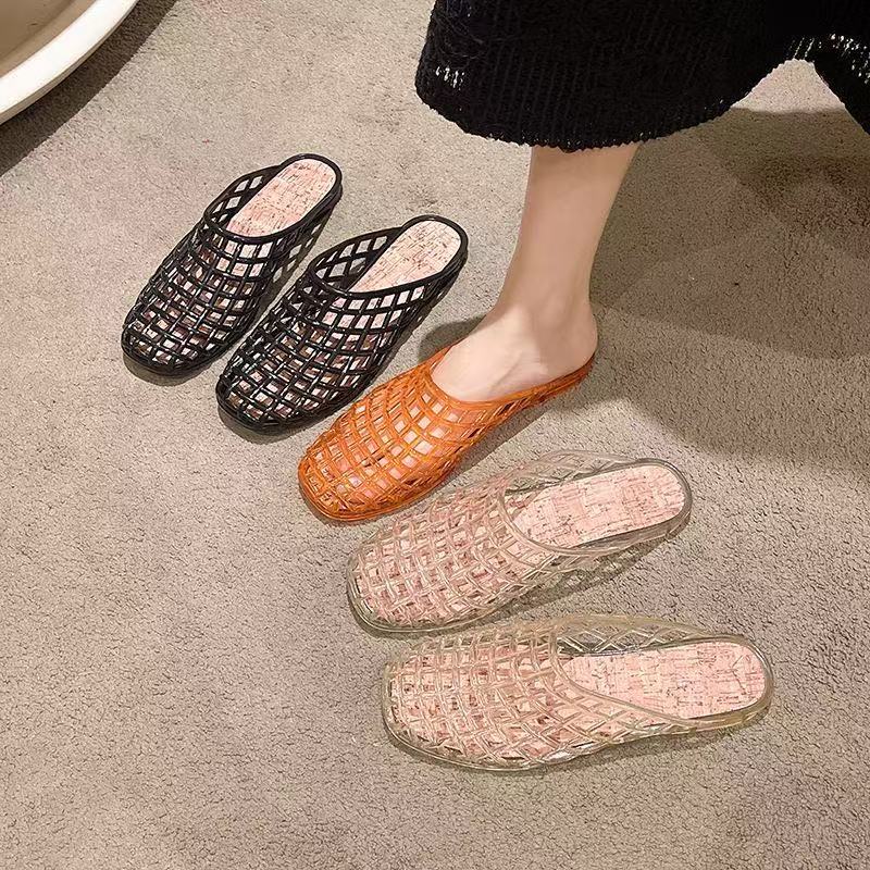 Fashion 2026 Women's New Luxury  Flat Slippers with Hollow PVC Breathable Summer Outerwear Baotou Bag and Casual Slippers