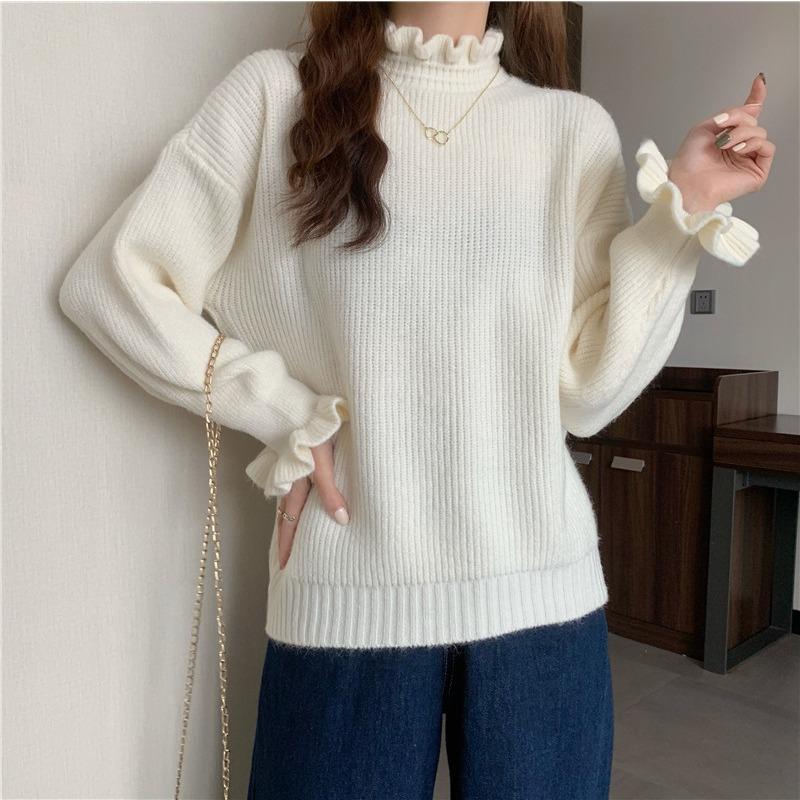 Autumn Winter Ruffles Half High Collar Solid Bottomed Sweater Women Simple All-match Pullover Knitting Top