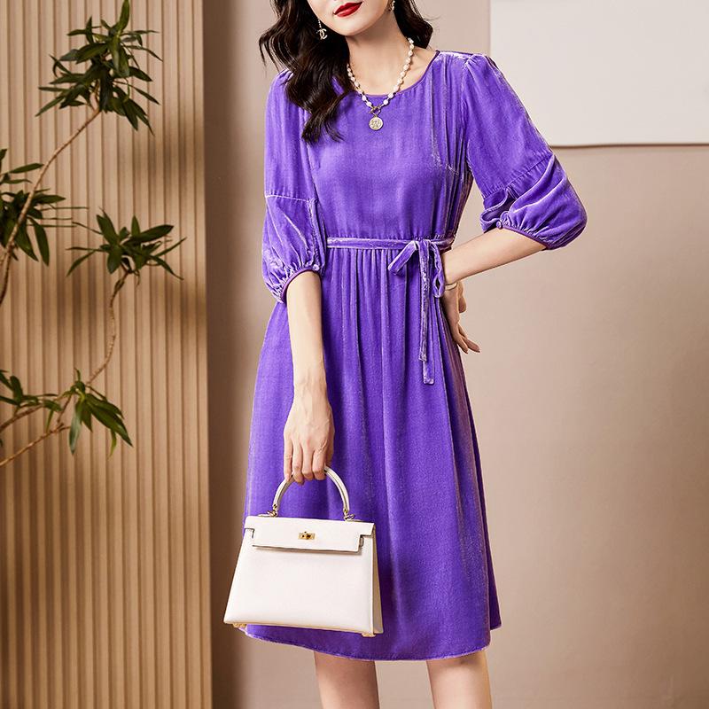 Silk Velvet Women's Dress with Belt & 3/4 Sleeves - Autumn Winter Collection