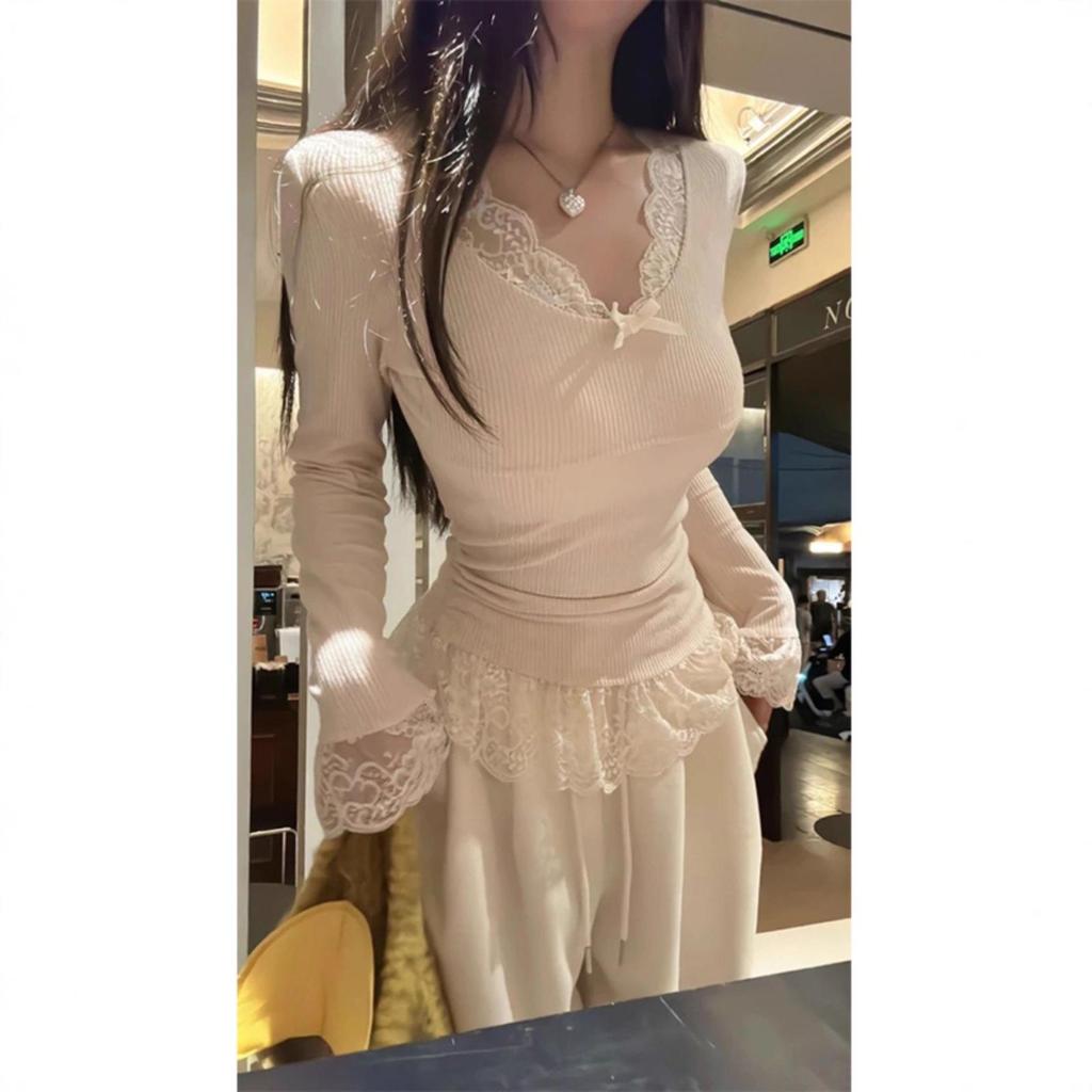Women's Lace Trim Bow Knot Long Sleeve T-shirt - Slim Fit Spring/Autumn Fashion