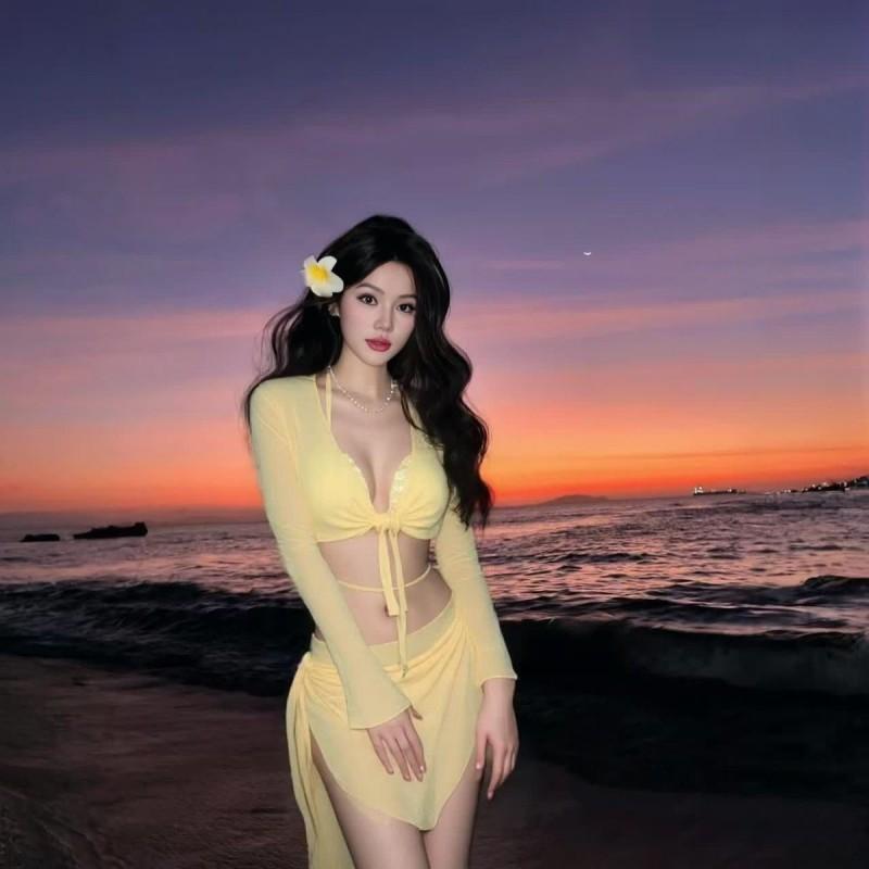 Lemon Yellow Swimsuit Women's Bikini Four-piece Split Long-sleeved Meat-covering Vacation Seaside High-end