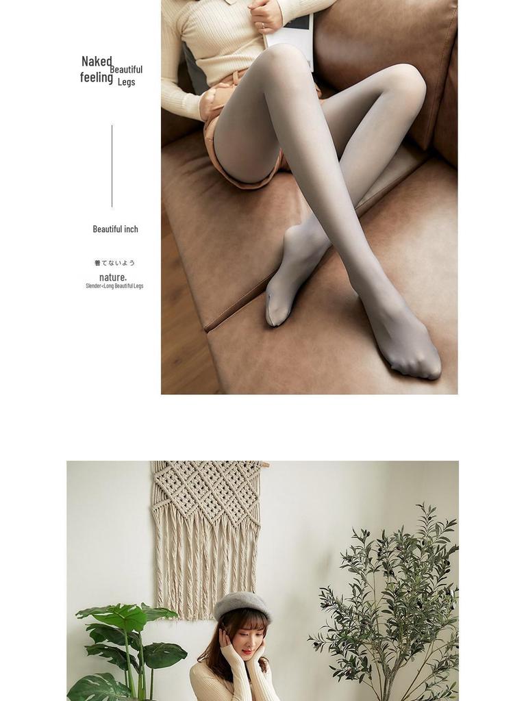 Stewardess Grey Sheer Plus Size Leggings with Faux See-Through Fleece-Lined Pantyhose for Autumn/Winter