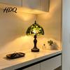Stained Glass Desk Lamp Retro Green Lamp Hand-Carved Resin Base Vintage Tiffany Style Atmospheric Decor Table Light for Bedroom Study Room