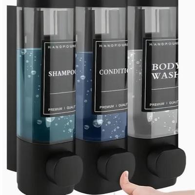 Wall-Mounted Three-Head Soap Dispenser for Shower Gel and Hand Sanitizer, Punch-Free Manual Press Design for Home and Hotel Use.