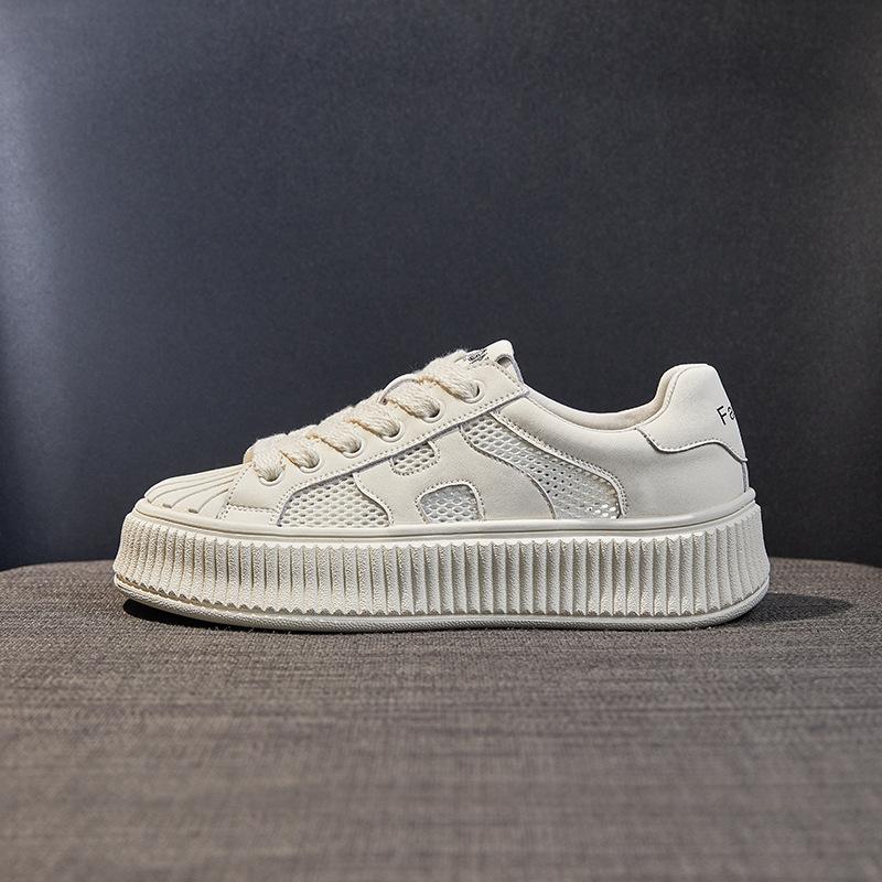 Platform White Shoes Women's New Shell Head Mesh Breathable Biscuit Shoes Versatile Sports Style Casual Board Shoes Flat Shoes