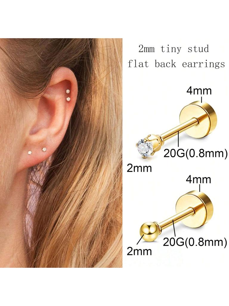 10 Pair 2mm Tiny Gold Flat Back Stud Earrings for Women Men Hypoallergenic Surgical Steel CZ Ball Small Stud Earrings Set