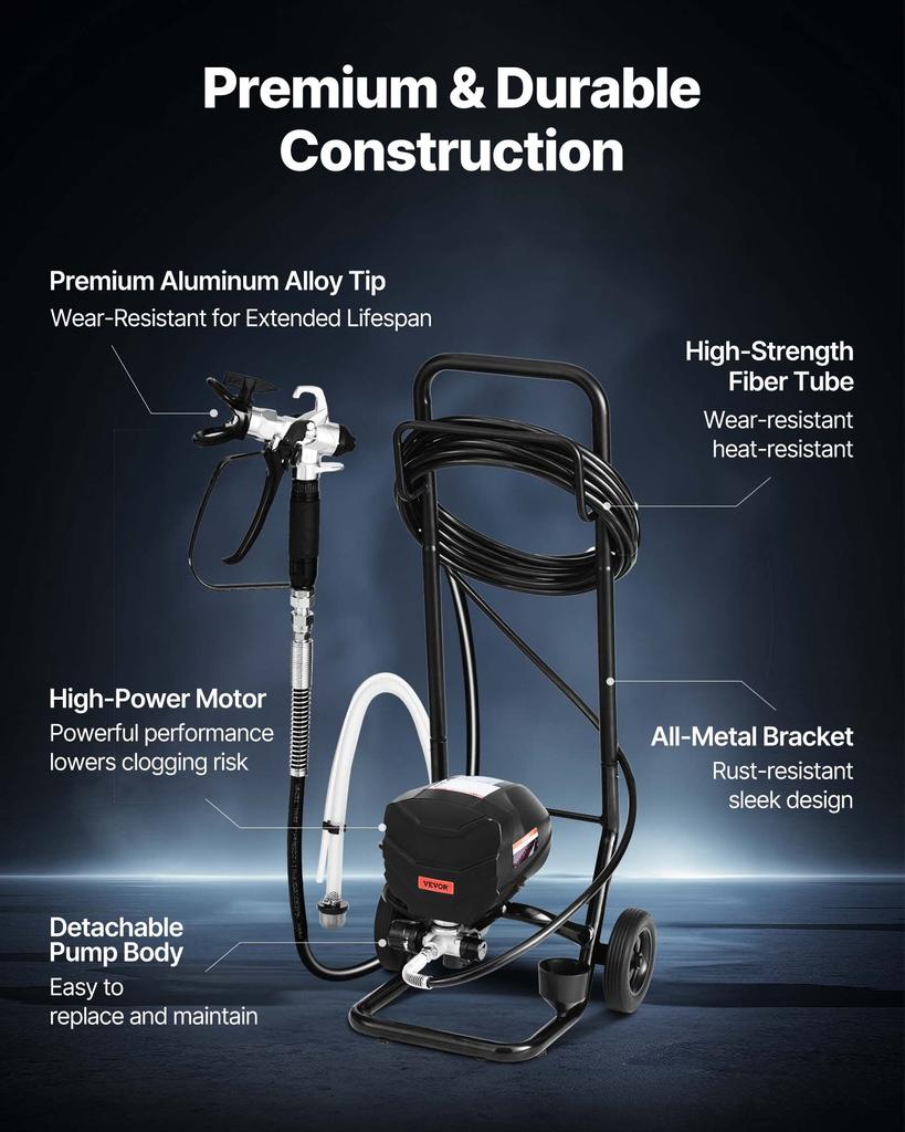 VEVOR Stand Airless Paint Sprayer, 650W, 3000PSI High Pressure Airless Sprayer with Cart, Cleaning Brush, Hose, Extension Rod, Nozzles