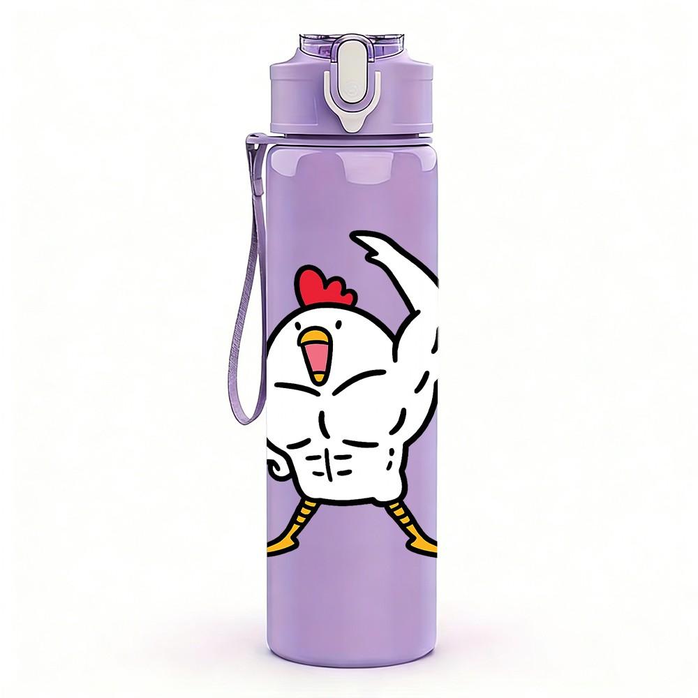 1PC Muscular Chicken Cartoon Print 750ml Color Plastic Sports Water Bottle Leakproof Flip Straw Lid Suitable for Sports Office Home Use