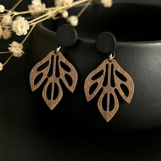 Retro Color Block Leaf Shape Wooden Earrings – Double-sided Black Round Leaf Vein Design